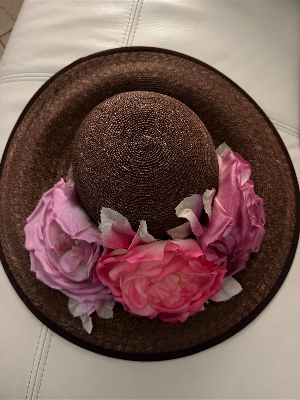 Women's Brown Straw Hat with Pink Floral Trim